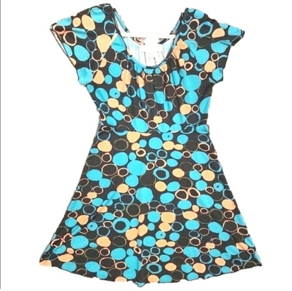 Mac & Jac Y2K Midi Dress Geo Dotted Fit & Flare Stretch Knit Short Cap Sleeve